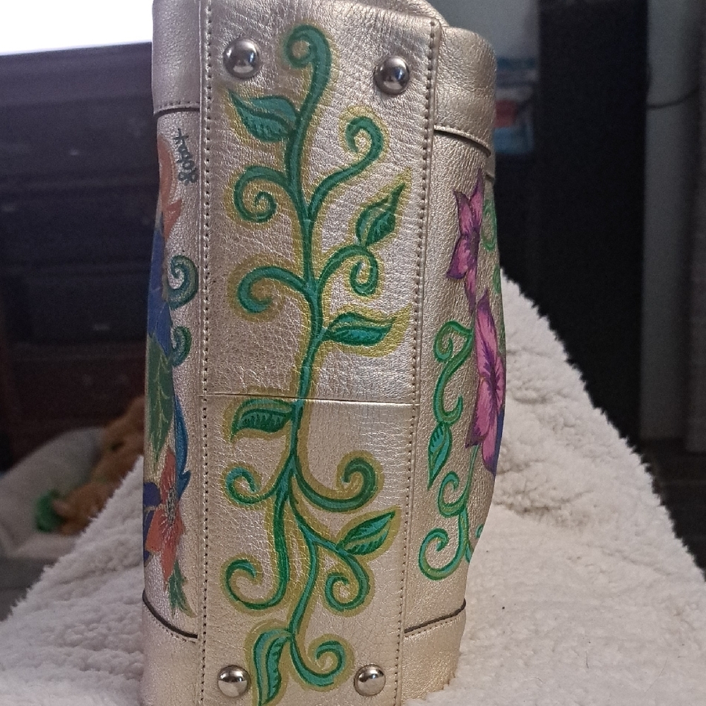 Hand Painted Gold Satchel Purse Bag with Floral Design - Picture 10 of 17